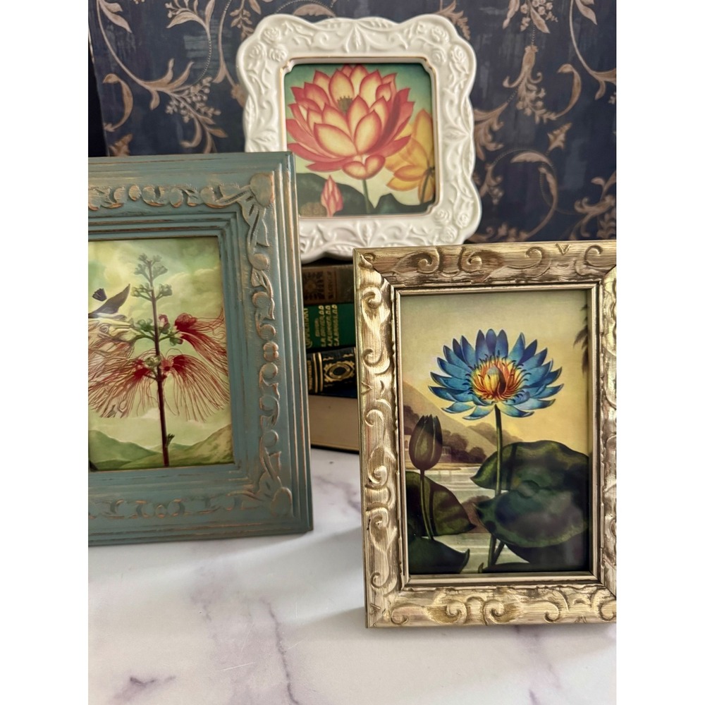 Vintage Botanical Floral Prints Set 3 Ornate Gold Teal Cream Framed Wall Art